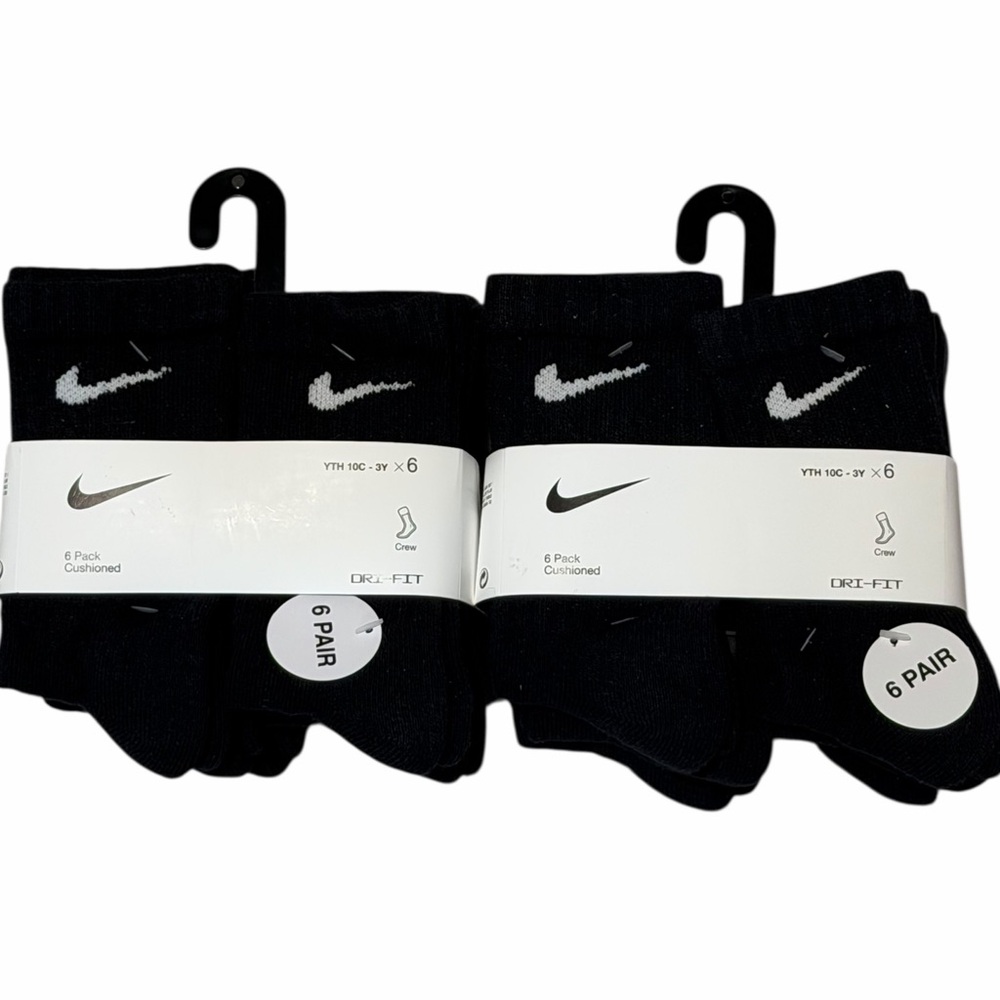 NIKE DRI-Fit Crew Socks 12 PAIRS Black Cushioned YTH 10C - 3Y